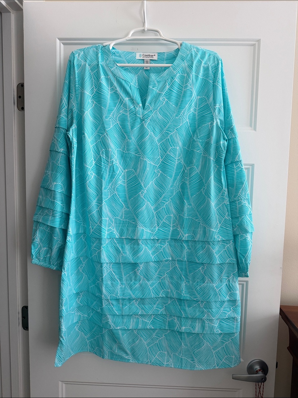 Coolibar Turquoise Leaf-Print Long Sleeve Tunic Dress